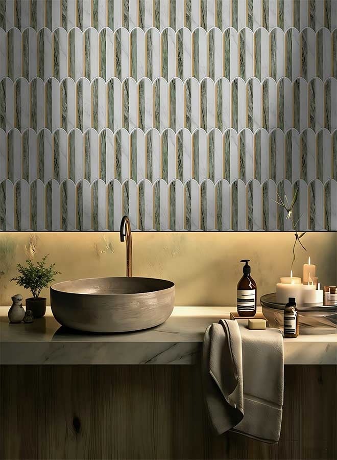 رَوَائِد ملصقات بلاط حائط فينيل ثلاثي الأبعاد بتصميم رخام أبيض وأخضر فاتح، مقاس 10×10 بوصة (5 قطع)، بلاط لاصق ذاتي بتقنية التقشير واللصق بقوة التصاق أقوى 5 مرات، مقاوم للماء، مناسب كخلفية للمطبخ والحمّام وتزيين الجدران. - Image 5